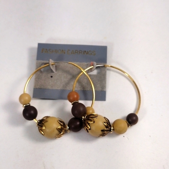 Boho Beaded Hoop Earrings – Natural Wood Look Beads, Gold-Tone Wire – Jewelry #2 - Picture 3 of 7